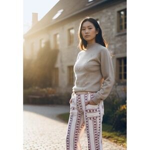 Vtg Women's Crew Acrylic Sweater  Knit Wool Pointelle Raglan Beige Sz Small